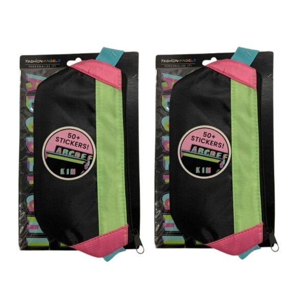Fashion Angels Nylon Fanny Pack Elastic Pencil Pouch Black/Neon 2pk - Picture 1 of 9